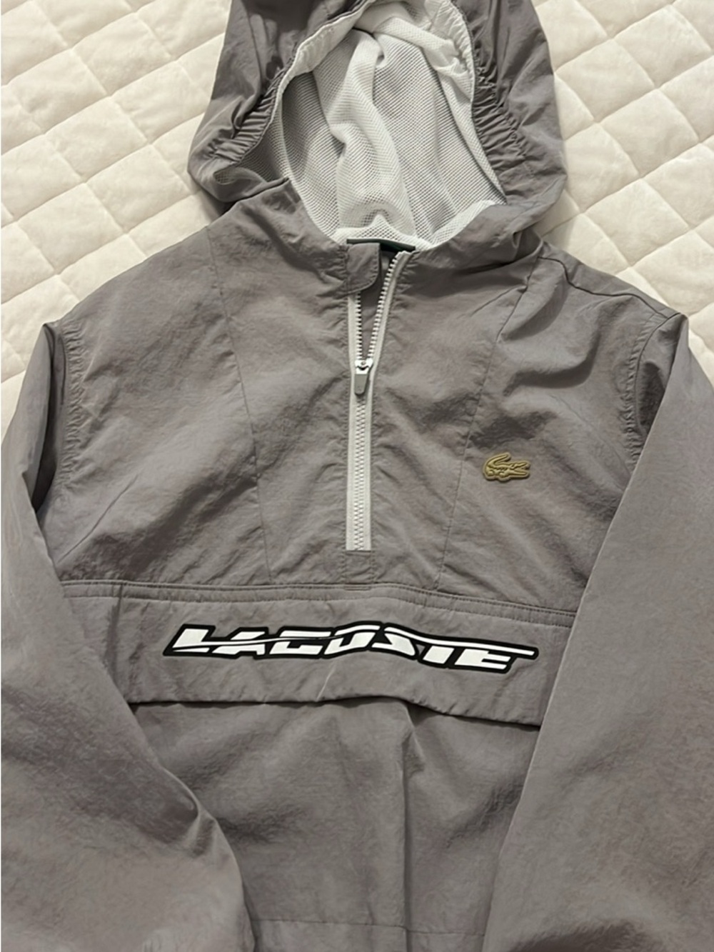 Lacoste Gray Hooded Half-Zip Windbreaker with Logo